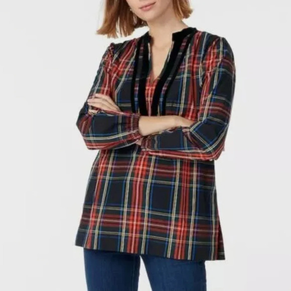 J.Crew velvet trimmed V-neck tunic in black Stewart Tartan XS - Picture 1 of 11